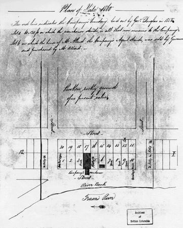 The location of the HBC warehouse in 1860 is on Lot 4, Block 17. Click to view the complete map. (BC Archives: CAB 30.1k)
