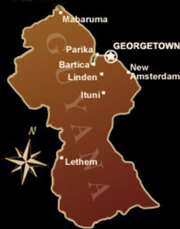 Map of Guyana, outlining major towns and cities.